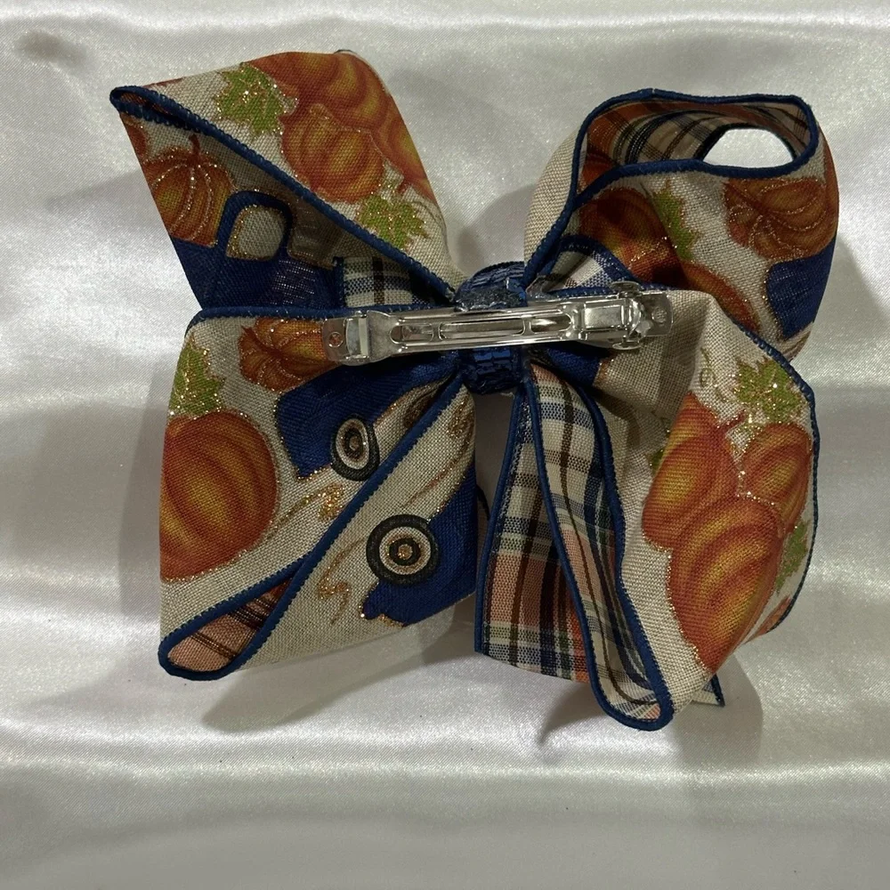 Blue and Orange Pumpkin Print Hair Bow- bundle 2+ & save on shipping costs